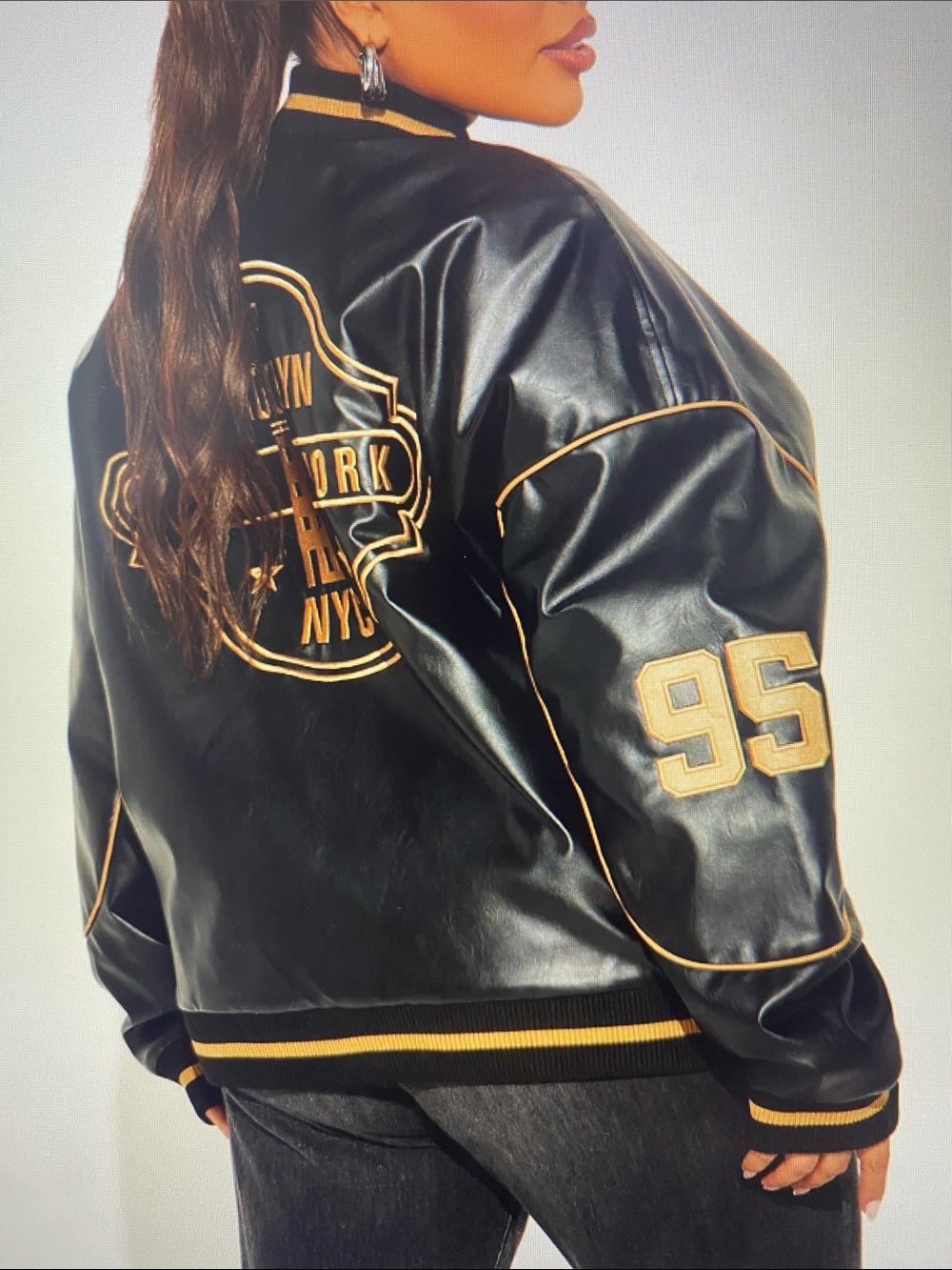 NWT Fashion Nova Black Varsity Faux Leather Jacket with Gold Trim